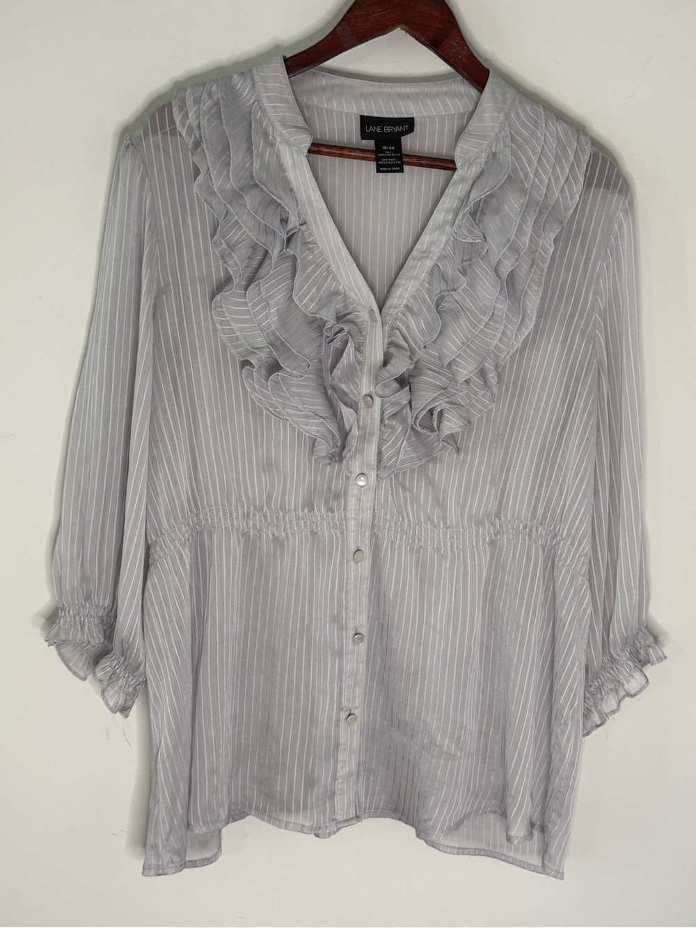 Lane Bryant Gray Pinstripe Ruffle Front Blouse
